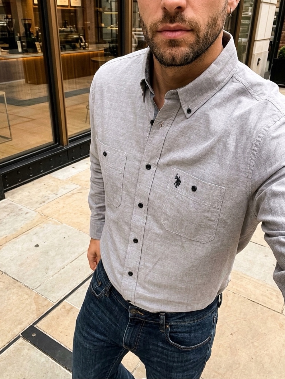 U.S. Polo Assn. Men's 💯% Cotton Casual Button-Up Shirt - Size LT Grey/Tan.